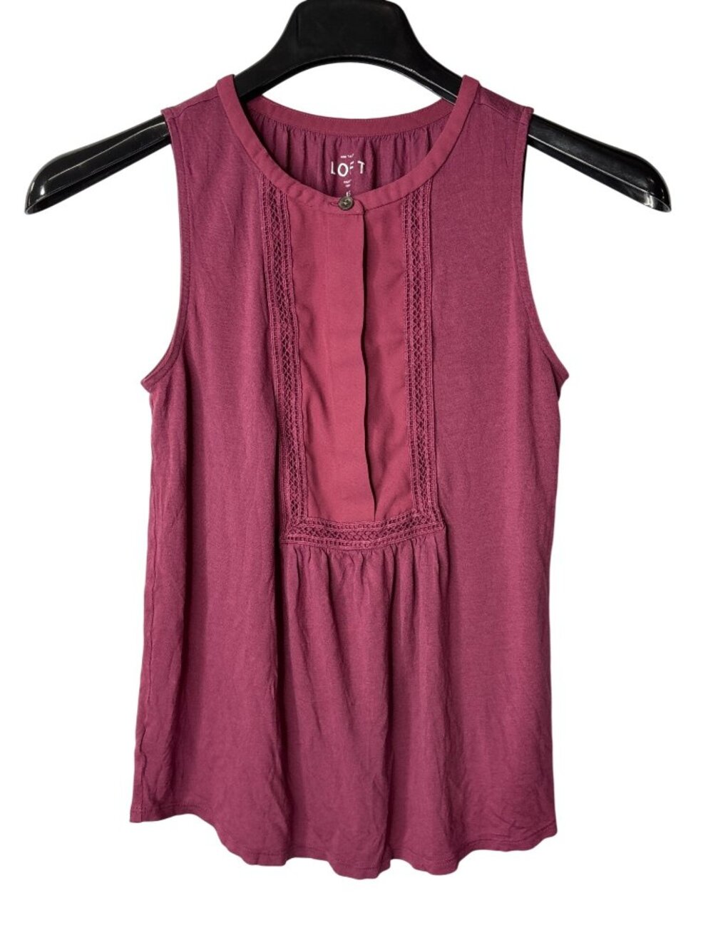 Ann Taylor LOFT Sleeveless Blouse Top Size XS Quarter Button Lace Accents Maroon